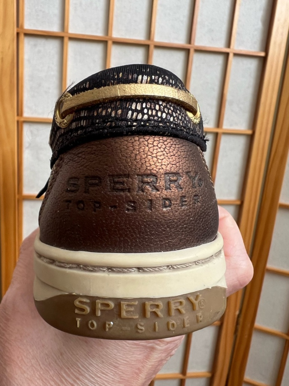Sperry TopSider Boat Shoes Women 7.5M Black Brown Metallic Leather Lace Up Flats - Picture 5 of 13